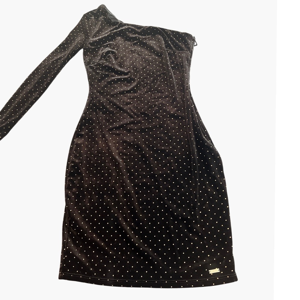 NWT‎ Armani Exchange Black Velvet One Shoulder Dress Gold Metal Dots
